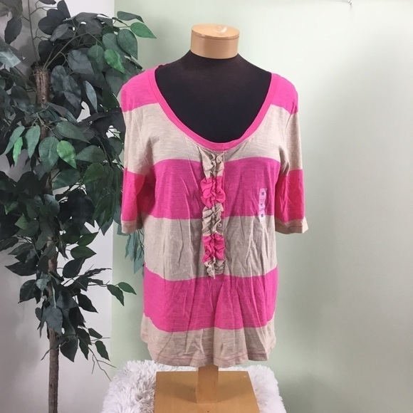 OLD Navy XL pink and tan elbow sleeve stripe tee - Picture 1 of 15